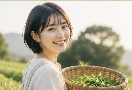 茶畑で籠を背負って微笑む茜のポートレート