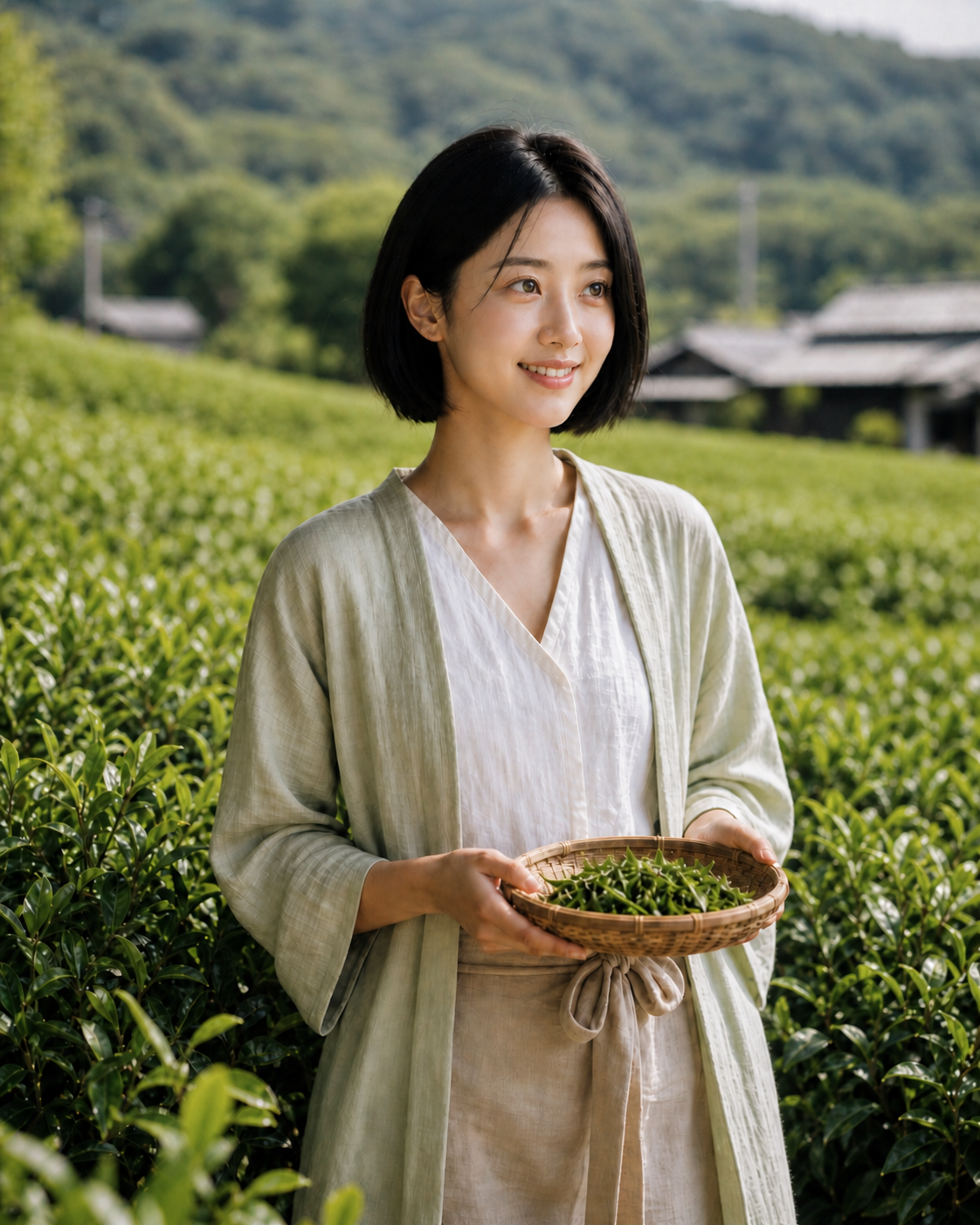 伊勢の茶畑で茶葉を持つ茜