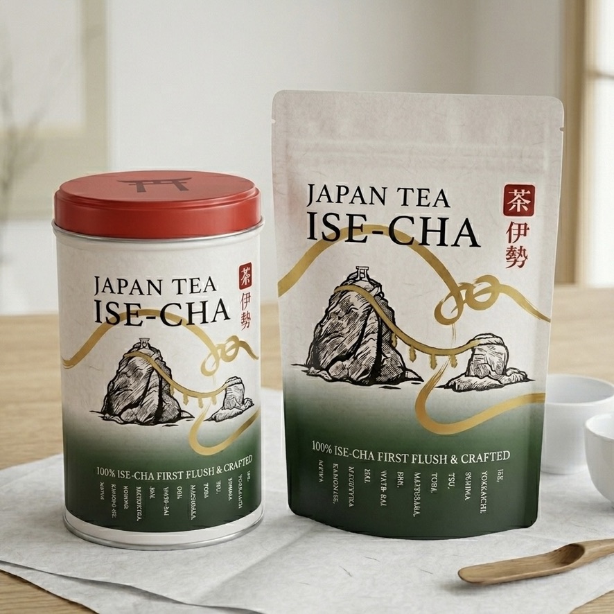 夫婦岩の絵柄をあしらった ISE-CHA の缶と茶葉パッケージ