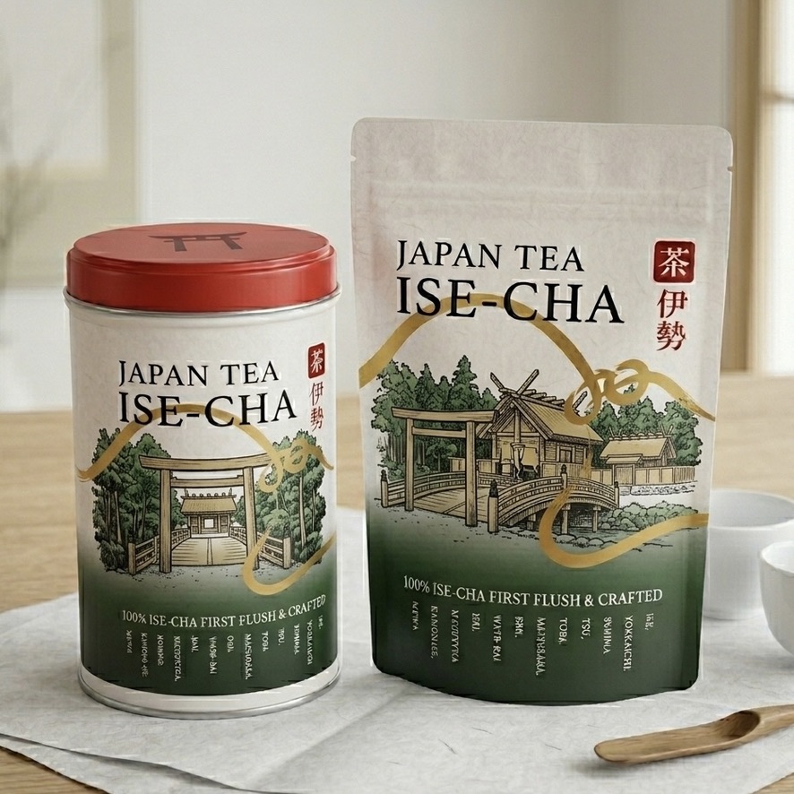 鳥居の絵柄をあしらった ISE-CHA の缶と茶葉パッケージ